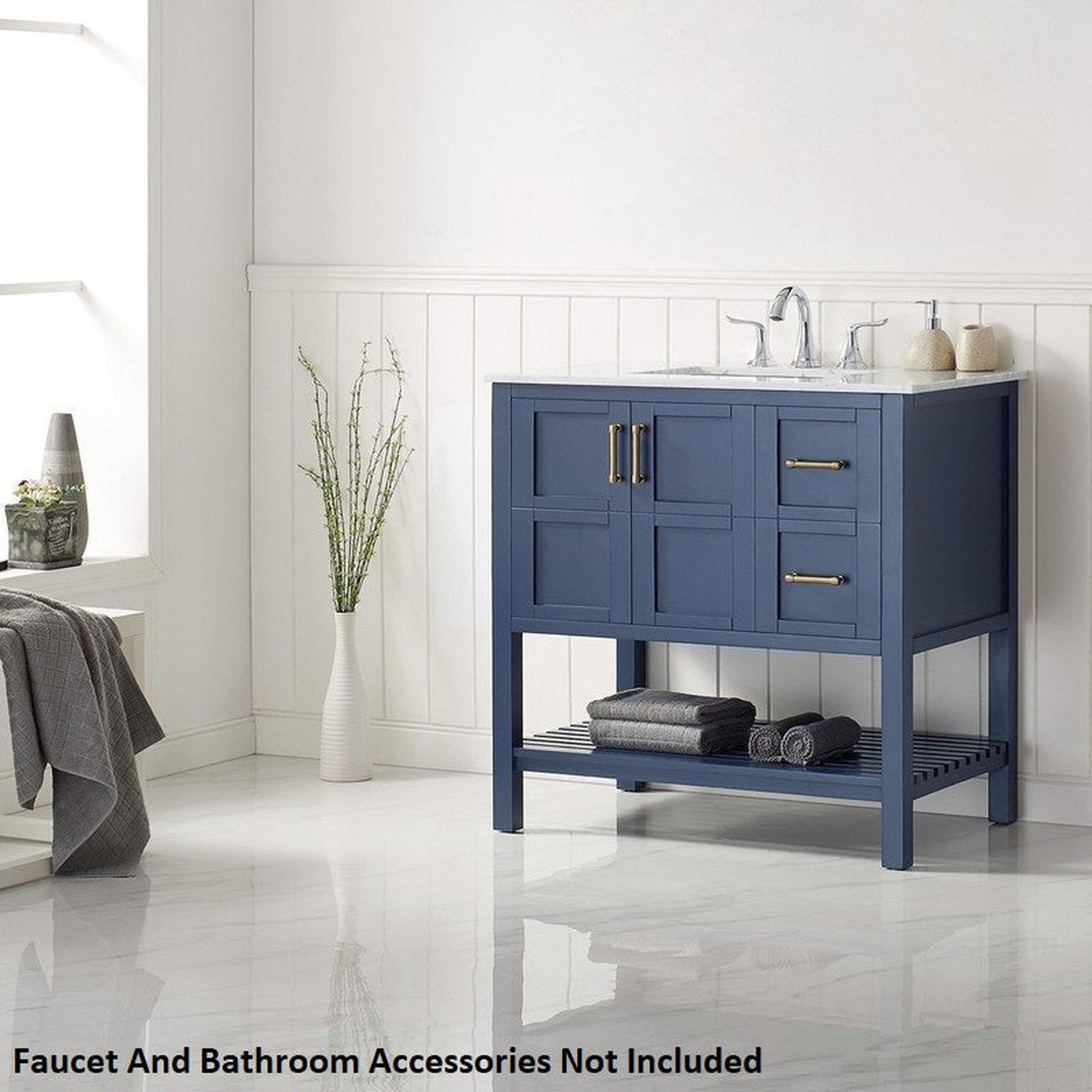 Vinnova Florence 36" Royal Blue Freestanding Single Vanity Set In White Carrara Marble Top With Undermount Ceramic Sink