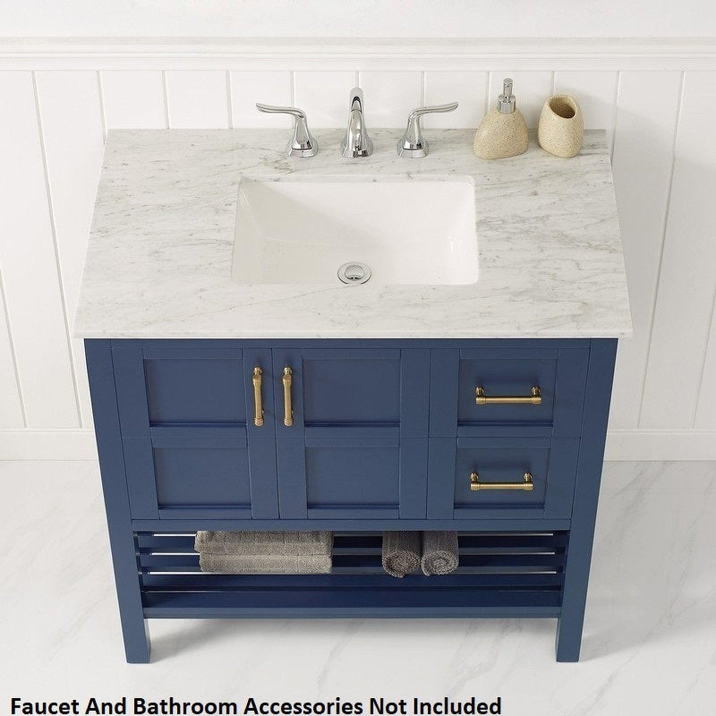 Vinnova Florence 36" Royal Blue Freestanding Single Vanity Set In White Carrara Marble Top With Undermount Ceramic Sink