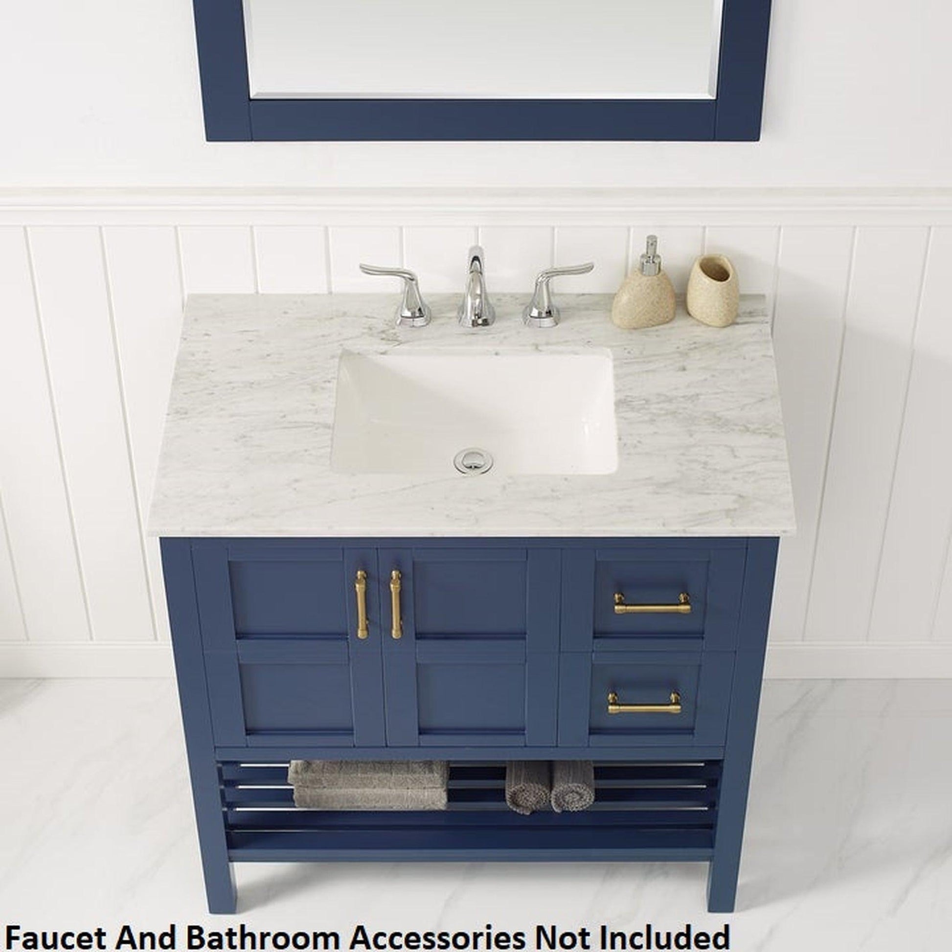 Vinnova Florence 36" Royal Blue Freestanding Single Vanity Set In White Carrara Marble Top With Undermount Ceramic Sink and Mirror