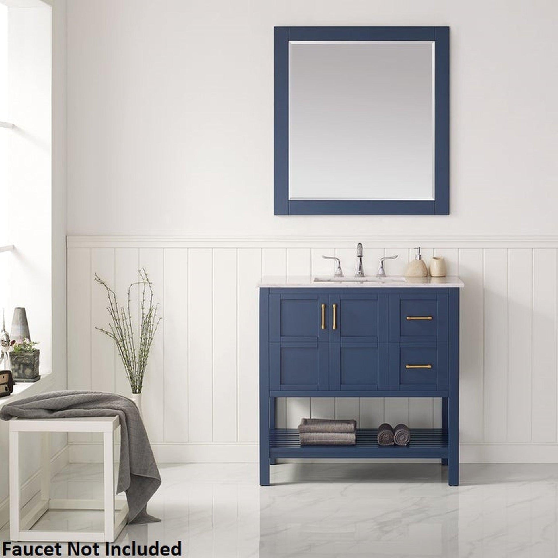 Vinnova Florence 36" Royal Blue Freestanding Single Vanity Set In White Carrara Marble Top With Undermount Ceramic Sink and Mirror