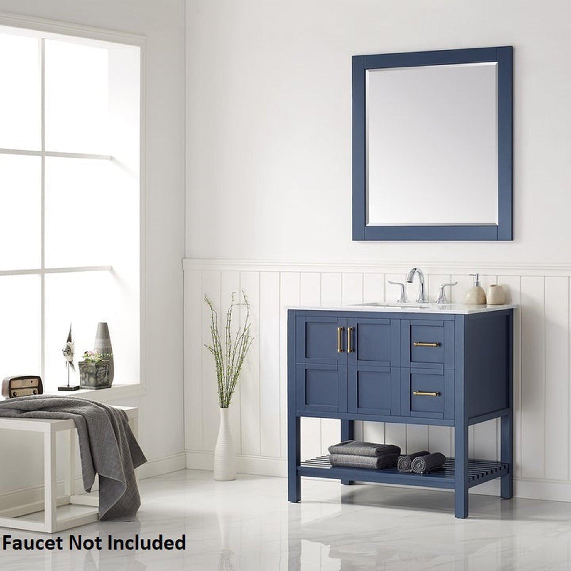 Vinnova Florence 36" Royal Blue Freestanding Single Vanity Set In White Carrara Marble Top With Undermount Ceramic Sink and Mirror