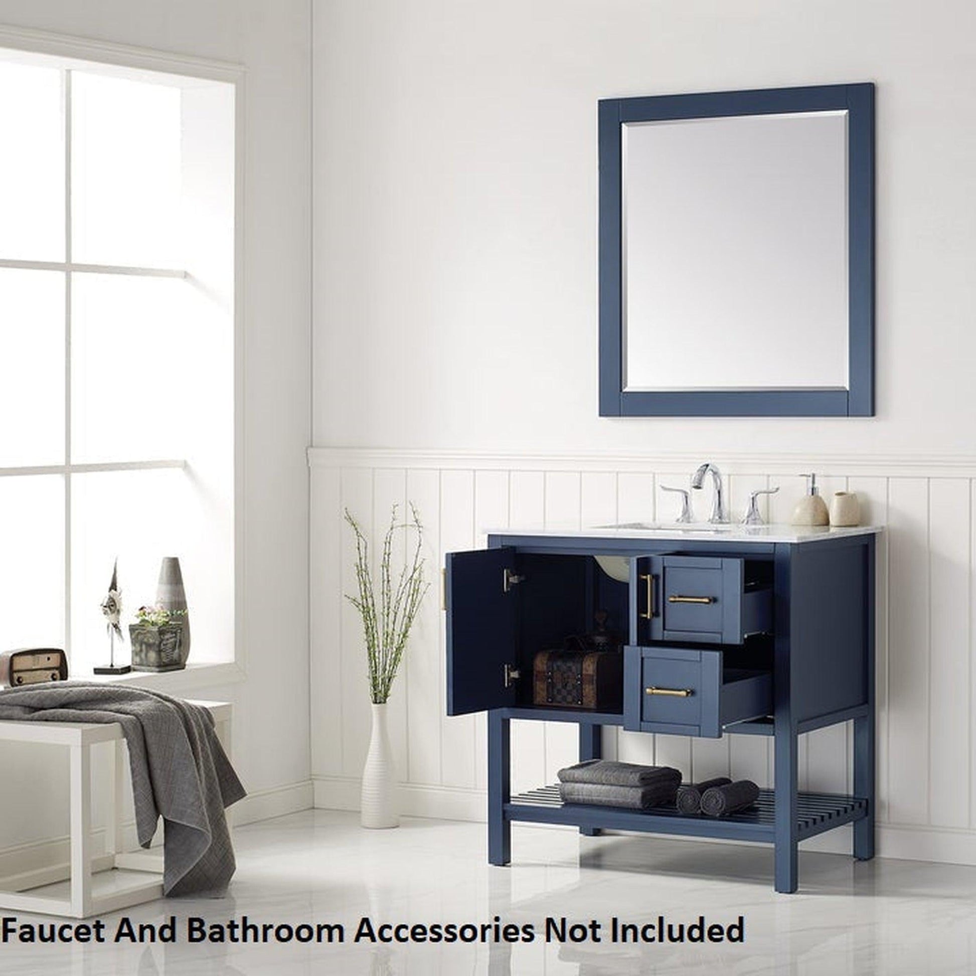 Vinnova Florence 36" Royal Blue Freestanding Single Vanity Set In White Carrara Marble Top With Undermount Ceramic Sink and Mirror