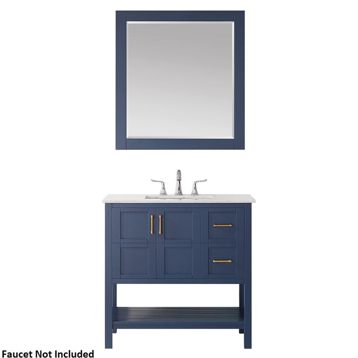 Vinnova Florence 36" Royal Blue Freestanding Single Vanity Set In White Carrara Marble Top With Undermount Ceramic Sink and Mirror