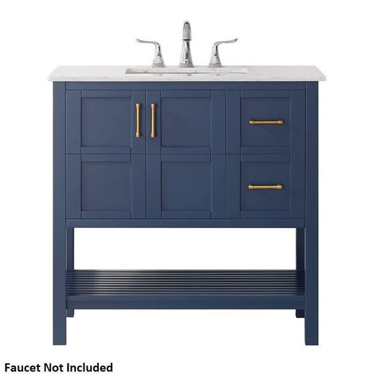 Vinnova Florence 36" Royal Blue Freestanding Single Vanity Set In White Carrara Marble Top With Undermount Ceramic Sink