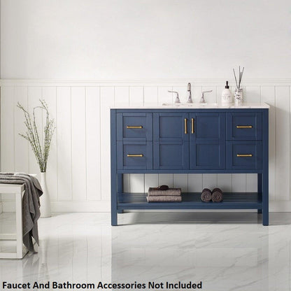 Vinnova Florence 48" Royal Blue Freestanding Single Vanity Set In White Carrara Marble Top With Undermount Ceramic Sink