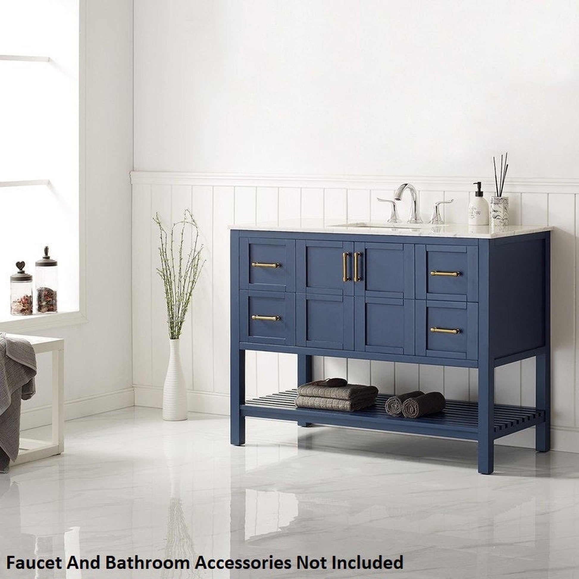 Vinnova Florence 48" Royal Blue Freestanding Single Vanity Set In White Carrara Marble Top With Undermount Ceramic Sink