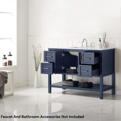 Vinnova Florence 48" Royal Blue Freestanding Single Vanity Set In White Carrara Marble Top With Undermount Ceramic Sink