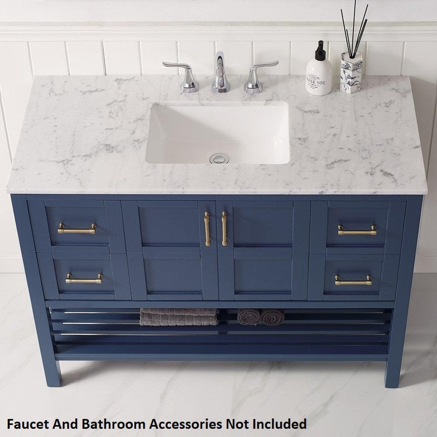 Vinnova Florence 48" Royal Blue Freestanding Single Vanity Set In White Carrara Marble Top With Undermount Ceramic Sink