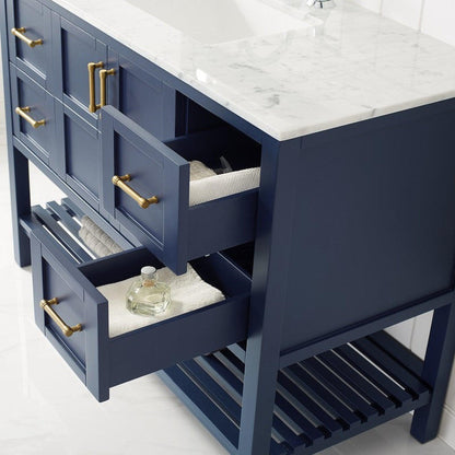 Vinnova Florence 48" Royal Blue Freestanding Single Vanity Set In White Carrara Marble Top With Undermount Ceramic Sink