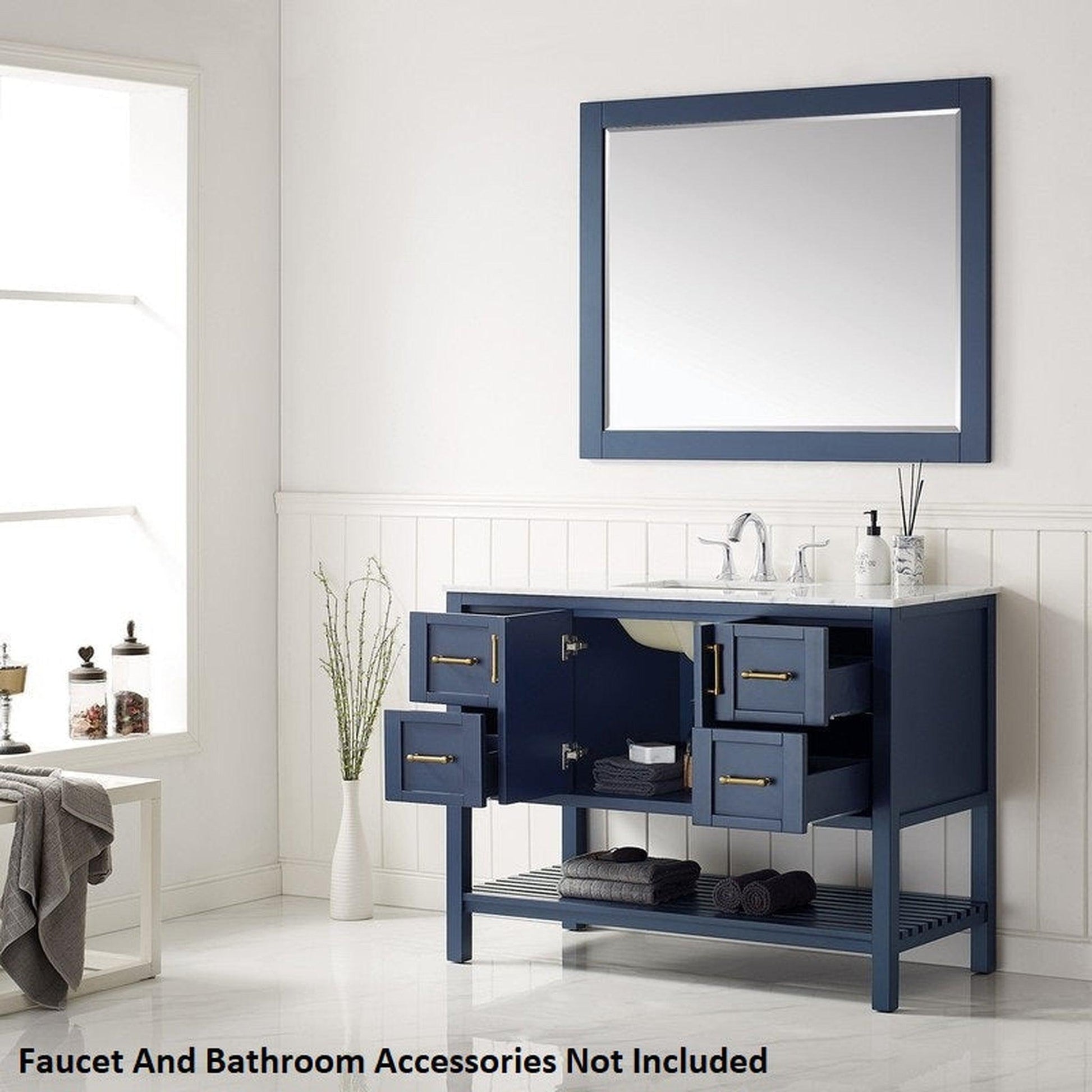 Vinnova Florence 48" Royal Blue Freestanding Single Vanity Set In White Carrara Marble Top With Undermount Ceramic Sink and Mirror