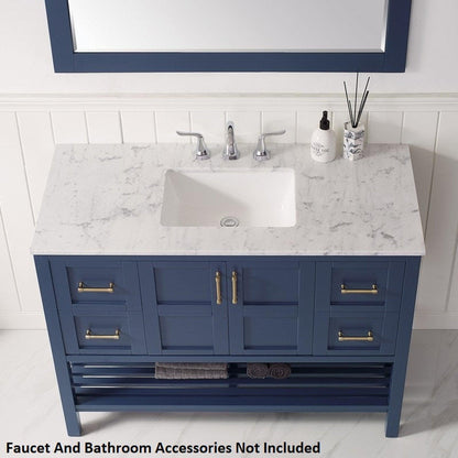Vinnova Florence 48" Royal Blue Freestanding Single Vanity Set In White Carrara Marble Top With Undermount Ceramic Sink and Mirror