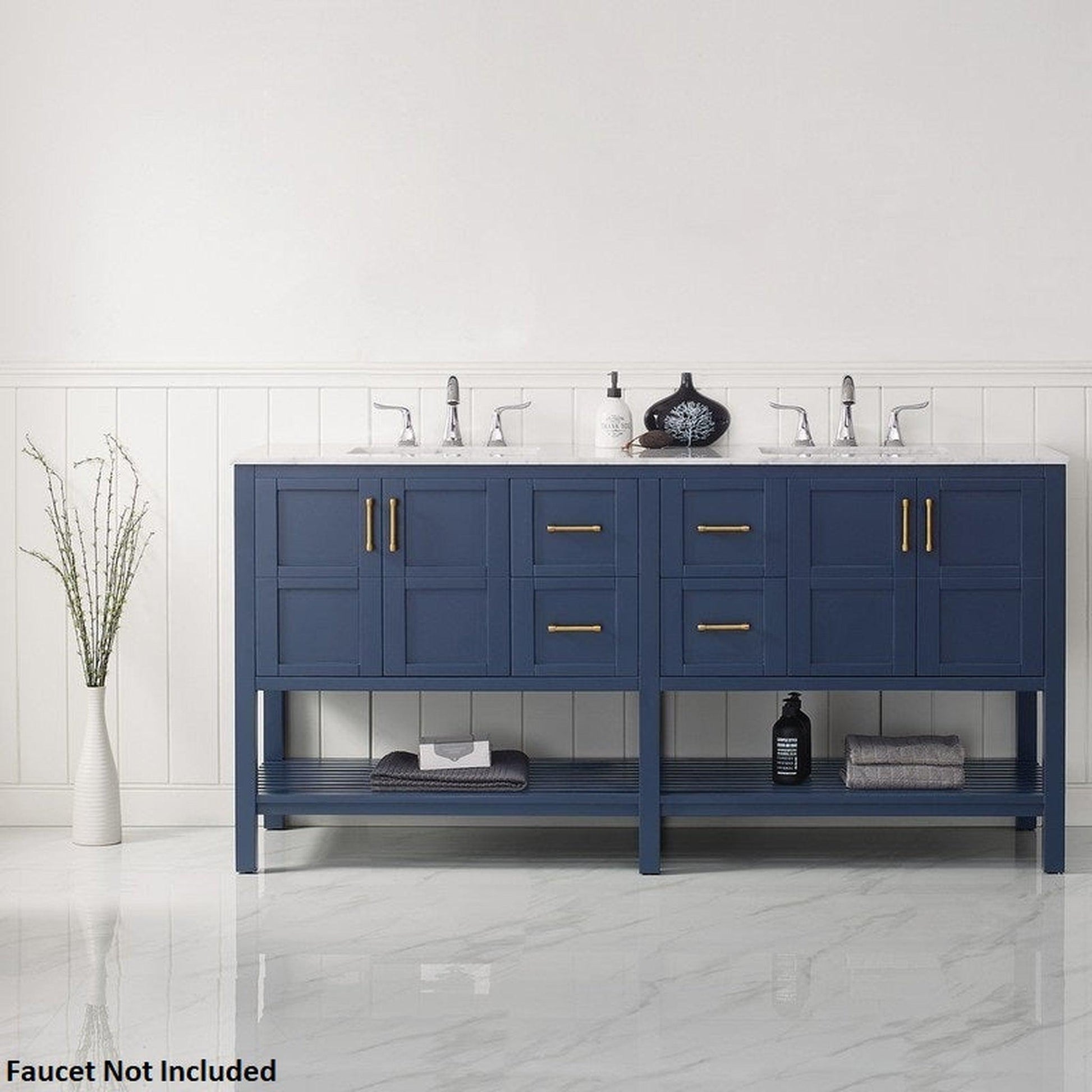 Vinnova Florence 72" Royal Blue Freestanding Double Vanity Set In White Carrara Marble Top With Undermount Ceramic Sink