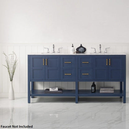 Vinnova Florence 72" Royal Blue Freestanding Double Vanity Set In White Carrara Marble Top With Undermount Ceramic Sink