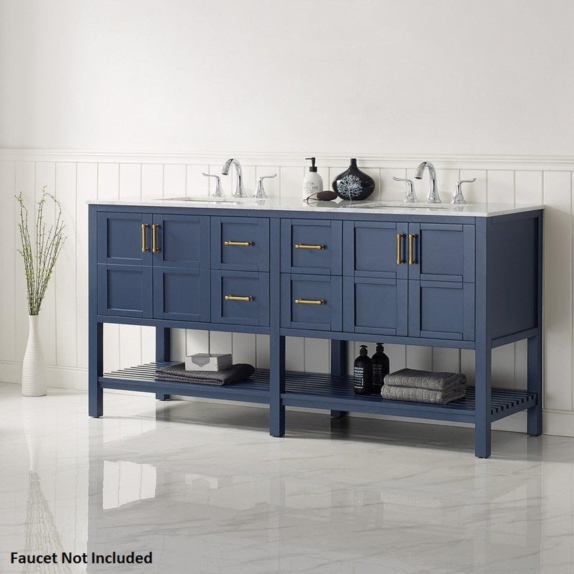 Vinnova Florence 72" Royal Blue Freestanding Double Vanity Set In White Carrara Marble Top With Undermount Ceramic Sink