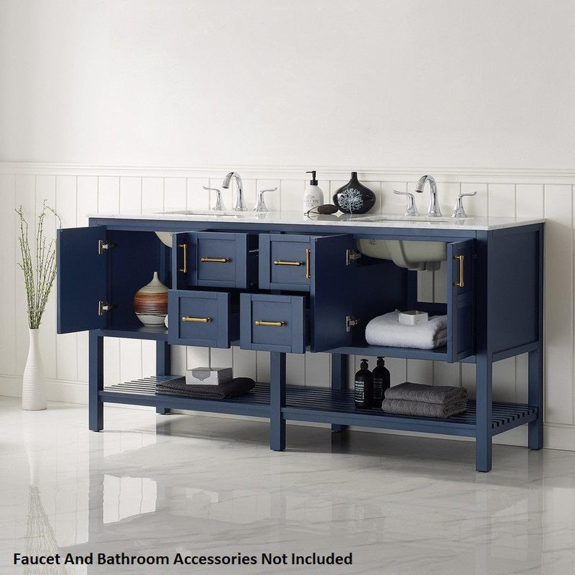 Vinnova Florence 72" Royal Blue Freestanding Double Vanity Set In White Carrara Marble Top With Undermount Ceramic Sink