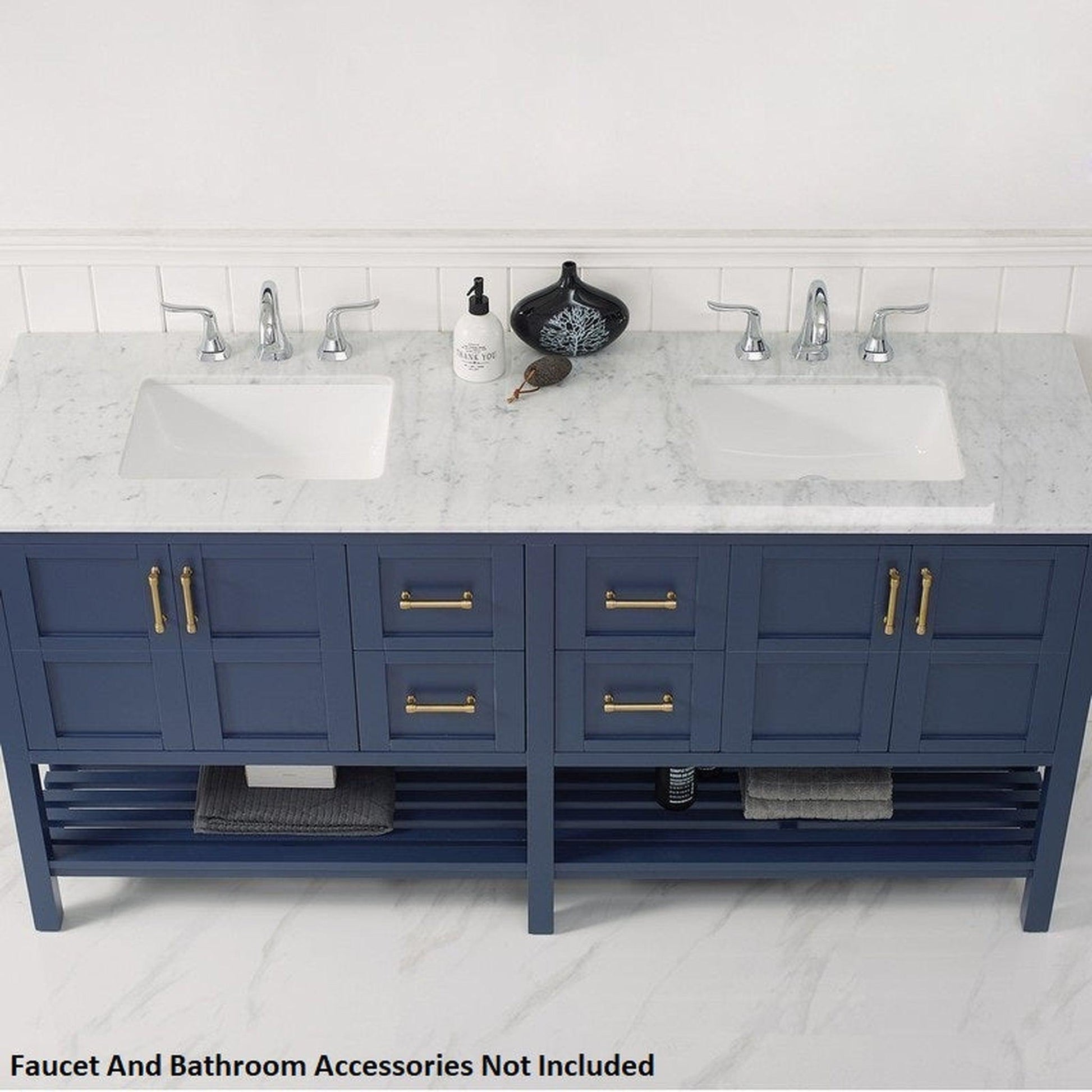 Vinnova Florence 72" Royal Blue Freestanding Double Vanity Set In White Carrara Marble Top With Undermount Ceramic Sink