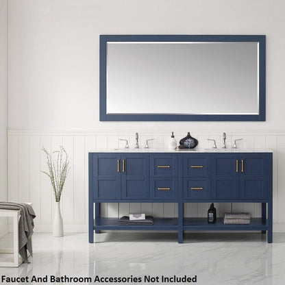 Vinnova Florence 72" Royal Blue Freestanding Double Vanity Set In White Carrara Marble Top With Undermount Ceramic Sink and Mirror