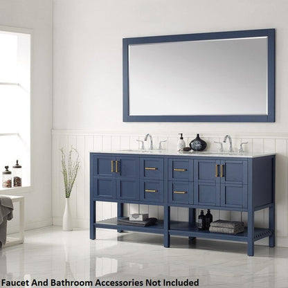 Vinnova Florence 72" Royal Blue Freestanding Double Vanity Set In White Carrara Marble Top With Undermount Ceramic Sink and Mirror