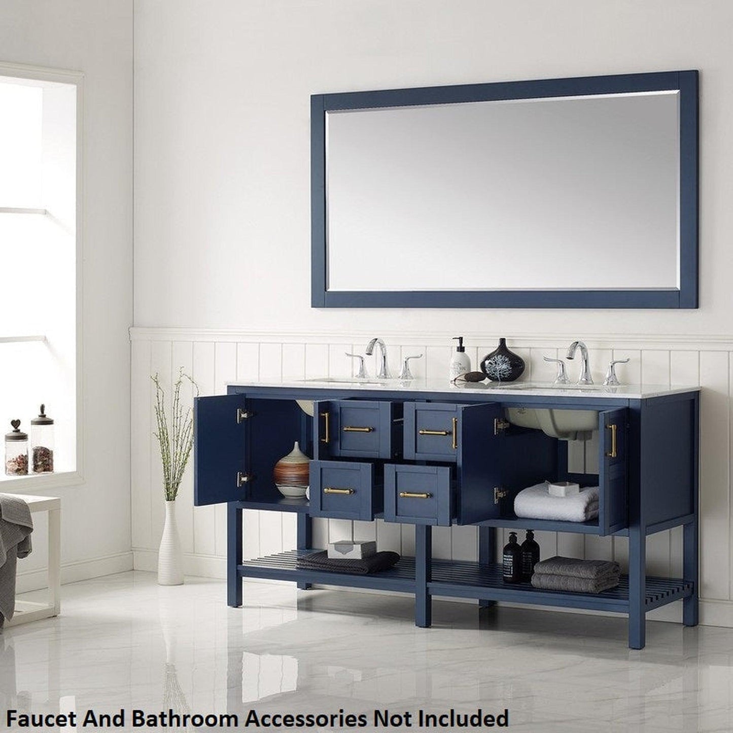 Vinnova Florence 72" Royal Blue Freestanding Double Vanity Set In White Carrara Marble Top With Undermount Ceramic Sink and Mirror