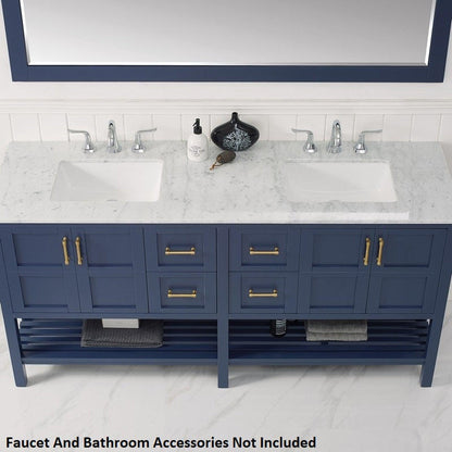 Vinnova Florence 72" Royal Blue Freestanding Double Vanity Set In White Carrara Marble Top With Undermount Ceramic Sink and Mirror