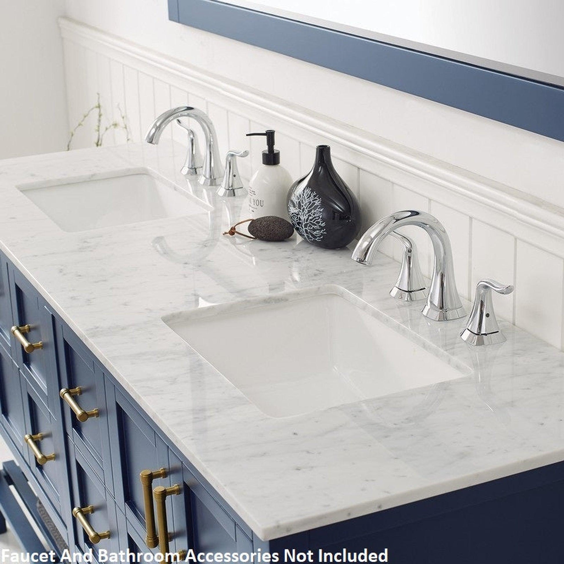 Vinnova Florence 72" Royal Blue Freestanding Double Vanity Set In White Carrara Marble Top With Undermount Ceramic Sink and Mirror