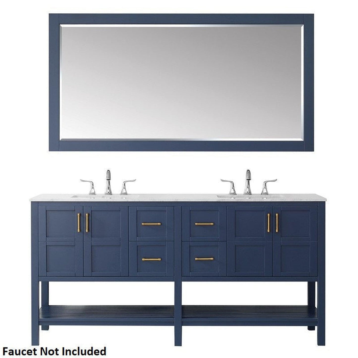 Vinnova Florence 72" Royal Blue Freestanding Double Vanity Set In White Carrara Marble Top With Undermount Ceramic Sink and Mirror