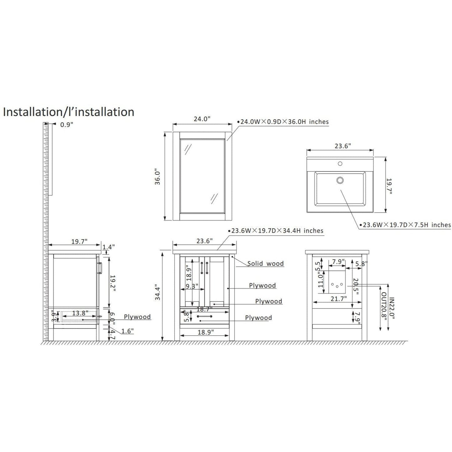 Vinnova Gela 24" Gray Freestanding Single Vanity Set With White Integrated Ceramic Sink and Mirror