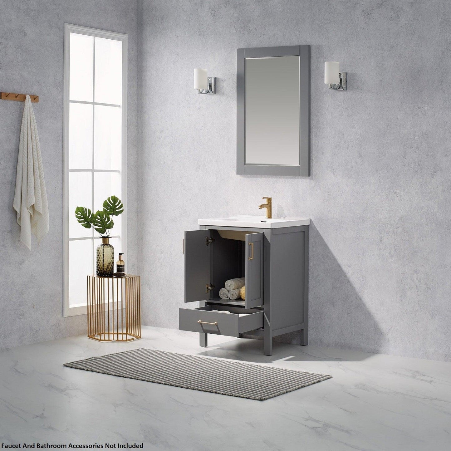 Vinnova Gela 24" Gray Freestanding Single Vanity Set With White Integrated Ceramic Sink and Mirror