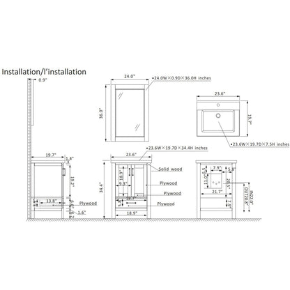 Vinnova Gela 24" Royal Blue Freestanding Single Vanity Set With White Integrated Ceramic Sink And Mirror