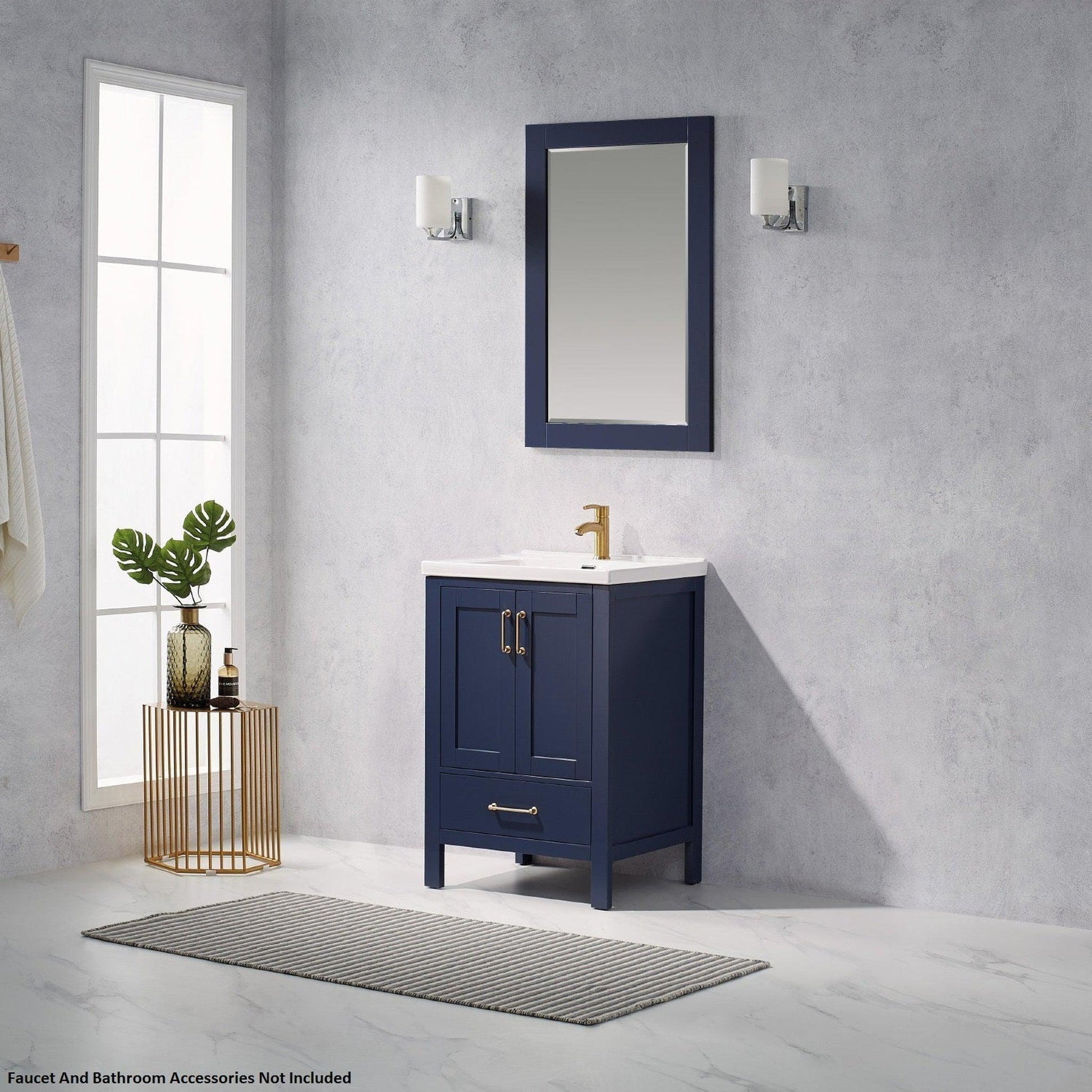 Vinnova Gela 24" Royal Blue Freestanding Single Vanity Set With White Integrated Ceramic Sink And Mirror