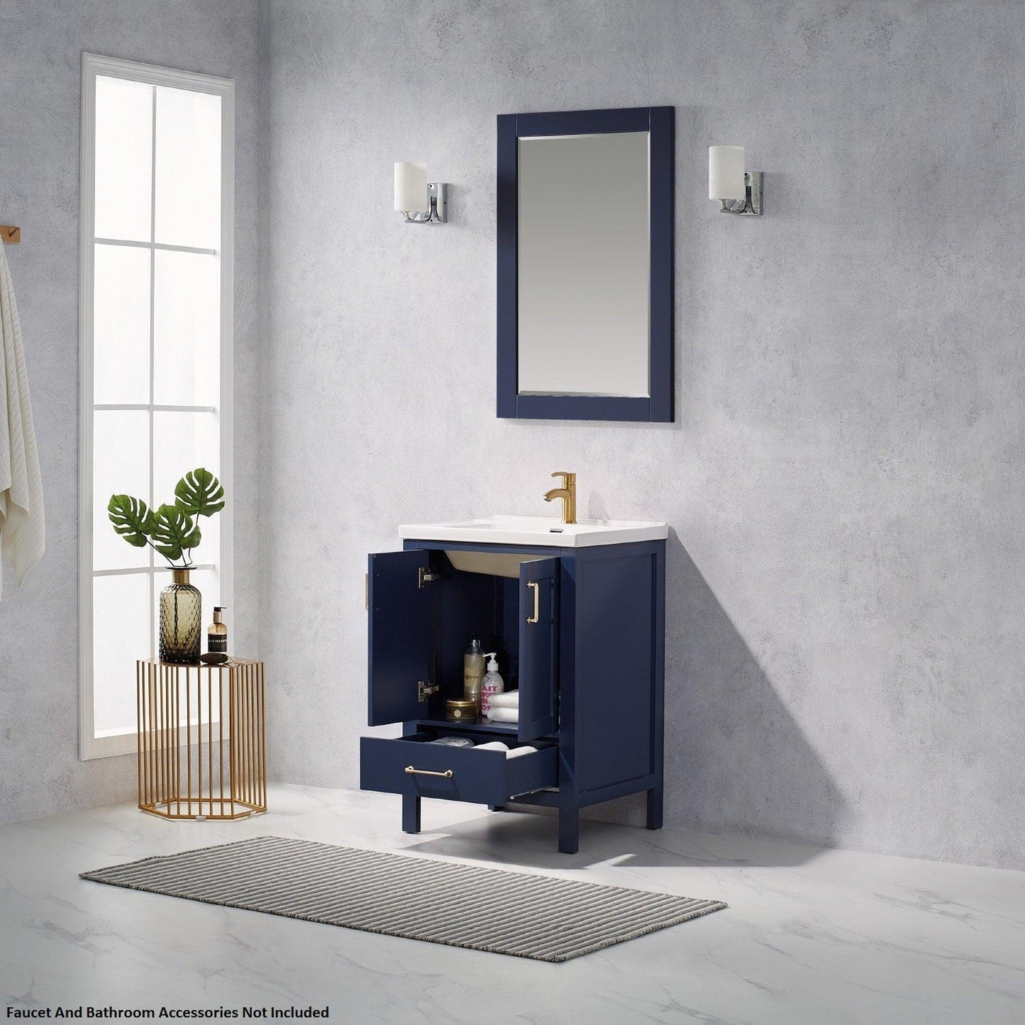 Vinnova Gela 24" Royal Blue Freestanding Single Vanity Set With White Integrated Ceramic Sink And Mirror