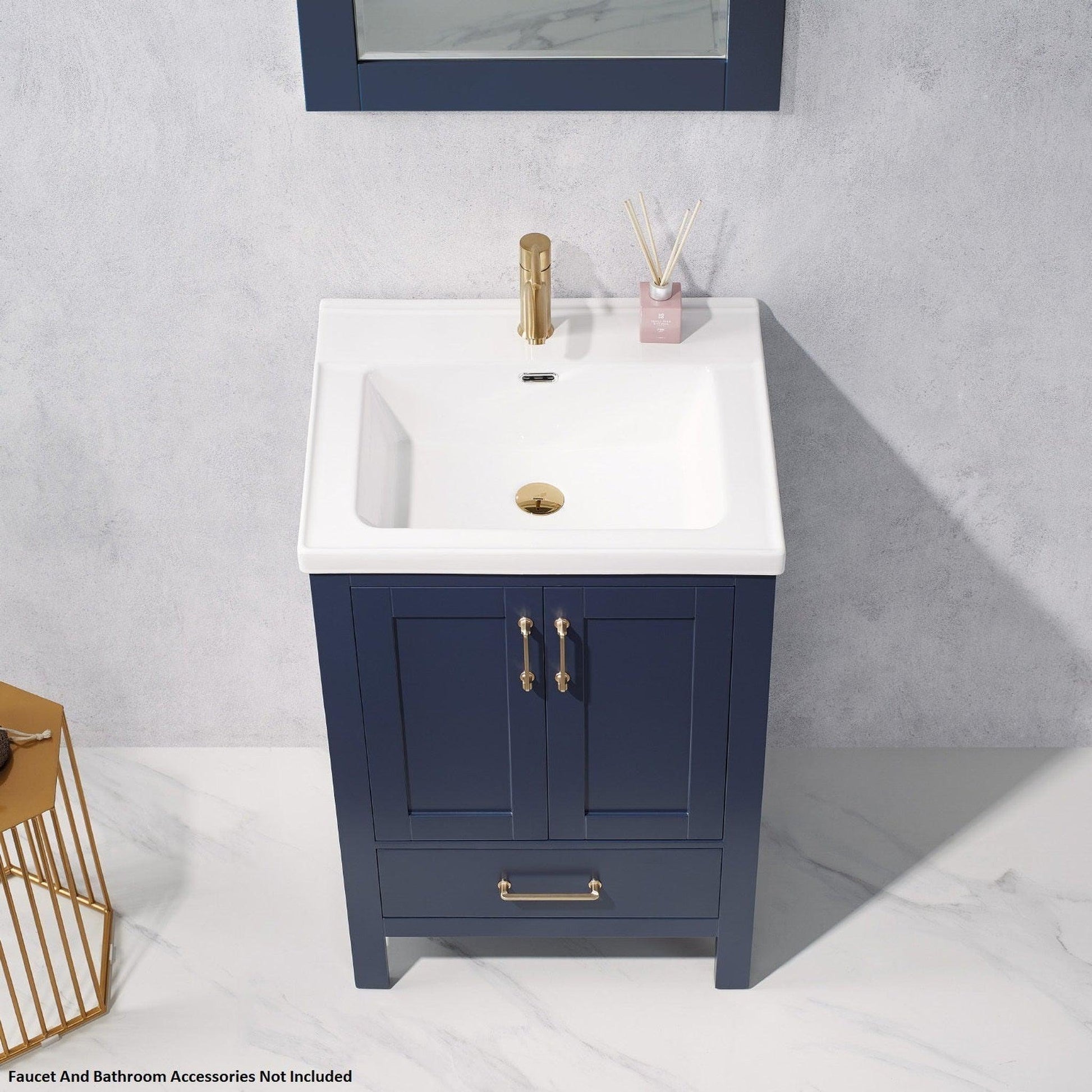 Vinnova Gela 24" Royal Blue Freestanding Single Vanity Set With White Integrated Ceramic Sink And Mirror