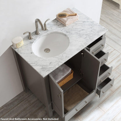 Vinnova Gela 36" Gray Freestanding Single Vanity Set In White Carrara Marble Top With Undermount Ceramic Sink