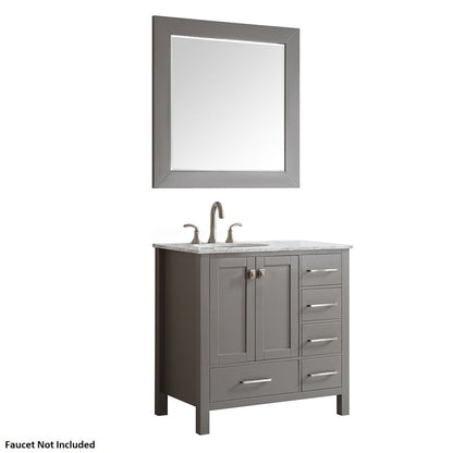 Vinnova Gela 36" Gray Freestanding Single Vanity Set In White Carrara Marble Top With Undermount Ceramic Sink and Mirror