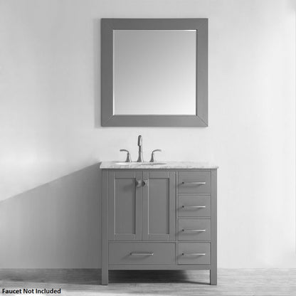 Vinnova Gela 36" Gray Freestanding Single Vanity Set In White Carrara Marble Top With Undermount Ceramic Sink and Mirror