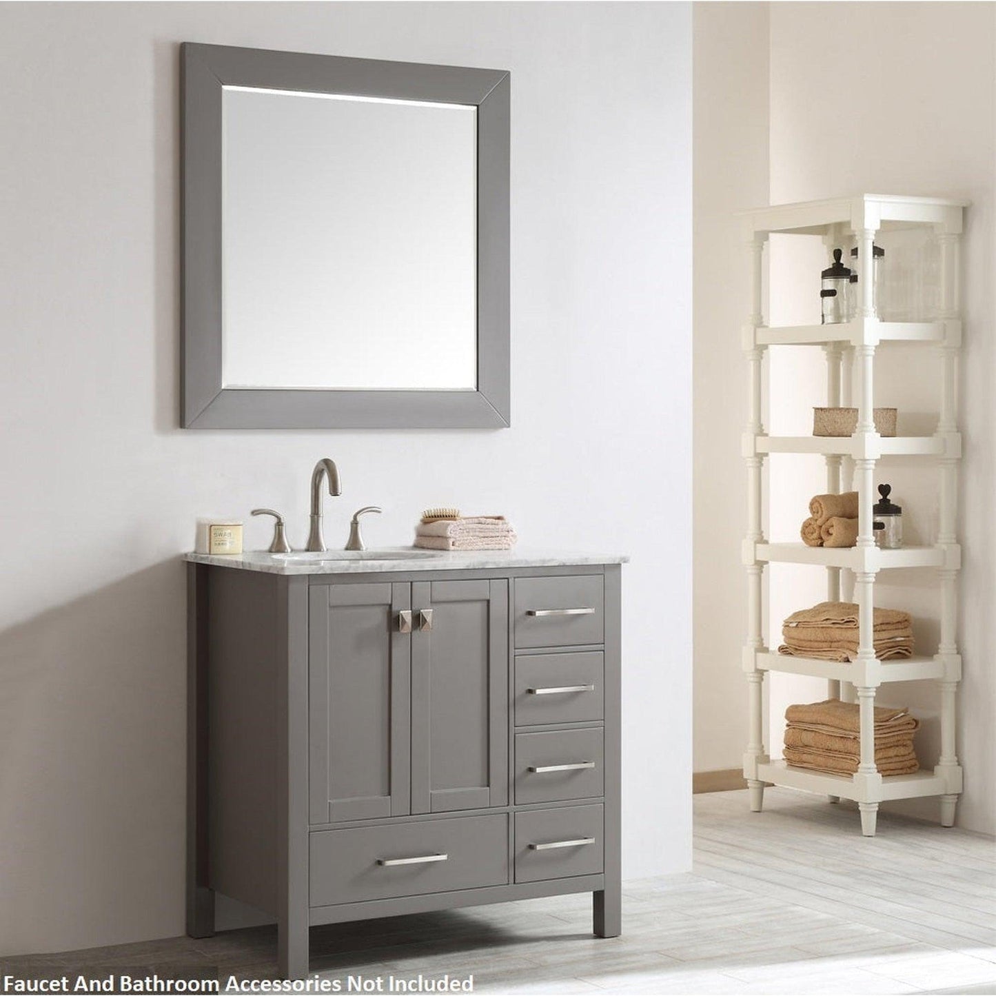 Vinnova Gela 36" Gray Freestanding Single Vanity Set In White Carrara Marble Top With Undermount Ceramic Sink and Mirror