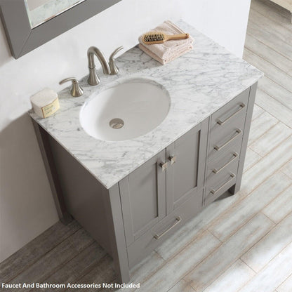 Vinnova Gela 36" Gray Freestanding Single Vanity Set In White Carrara Marble Top With Undermount Ceramic Sink and Mirror