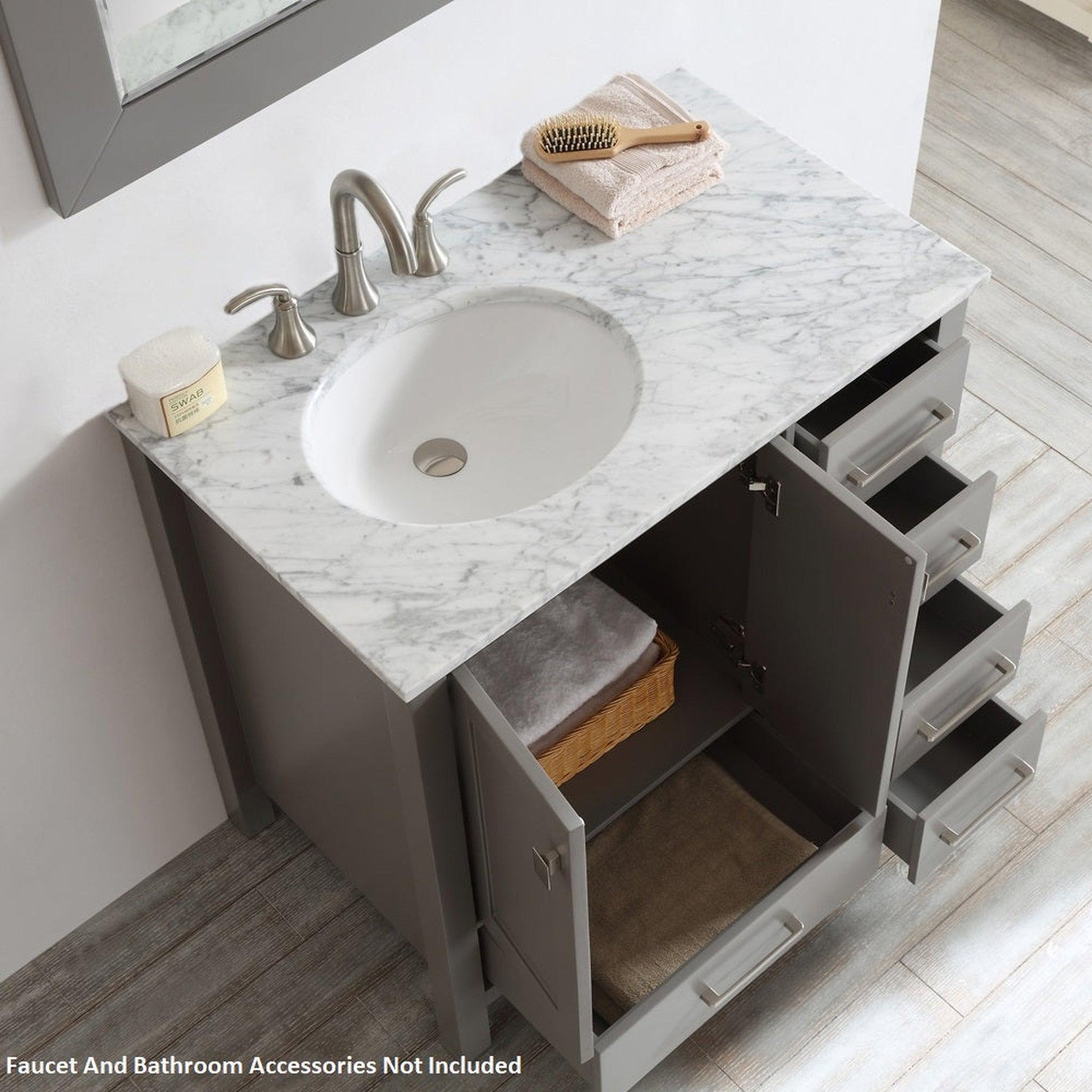 Vinnova Gela 36" Gray Freestanding Single Vanity Set In White Carrara Marble Top With Undermount Ceramic Sink and Mirror