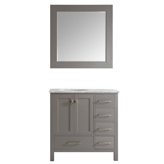 Vinnova Gela 36" Gray Freestanding Single Vanity Set In White Carrara Marble Top With Undermount Ceramic Sink and Mirror