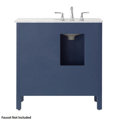 Vinnova Gela 36" Royal Blue Freestanding Single Vanity Set In White Carrara Marble Top With Undermount Ceramic Sink and Mirror
