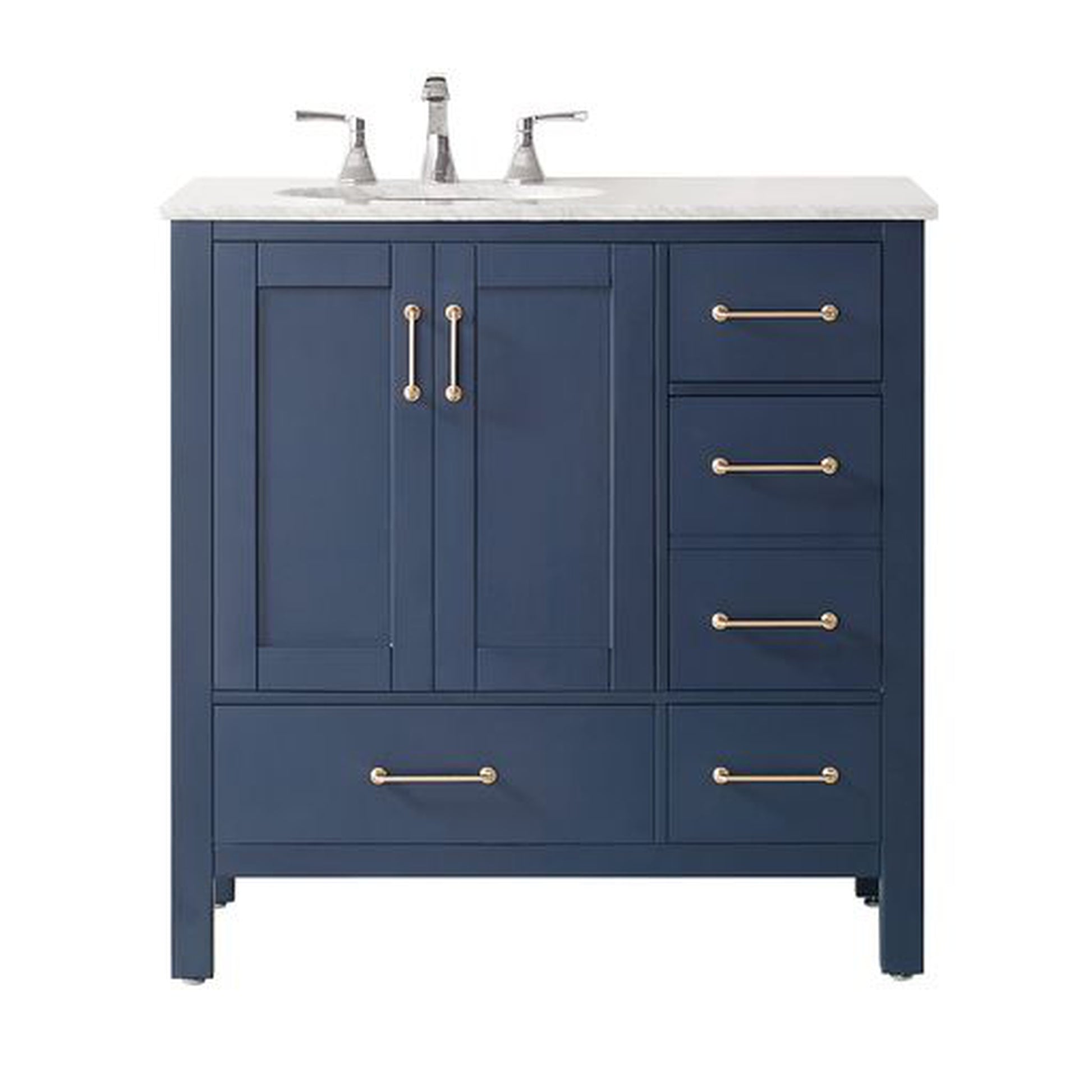 Vinnova Gela 36" Royal Blue Freestanding Single Vanity Set In White Carrara Marble Top With Undermount Ceramic Sink and Mirror