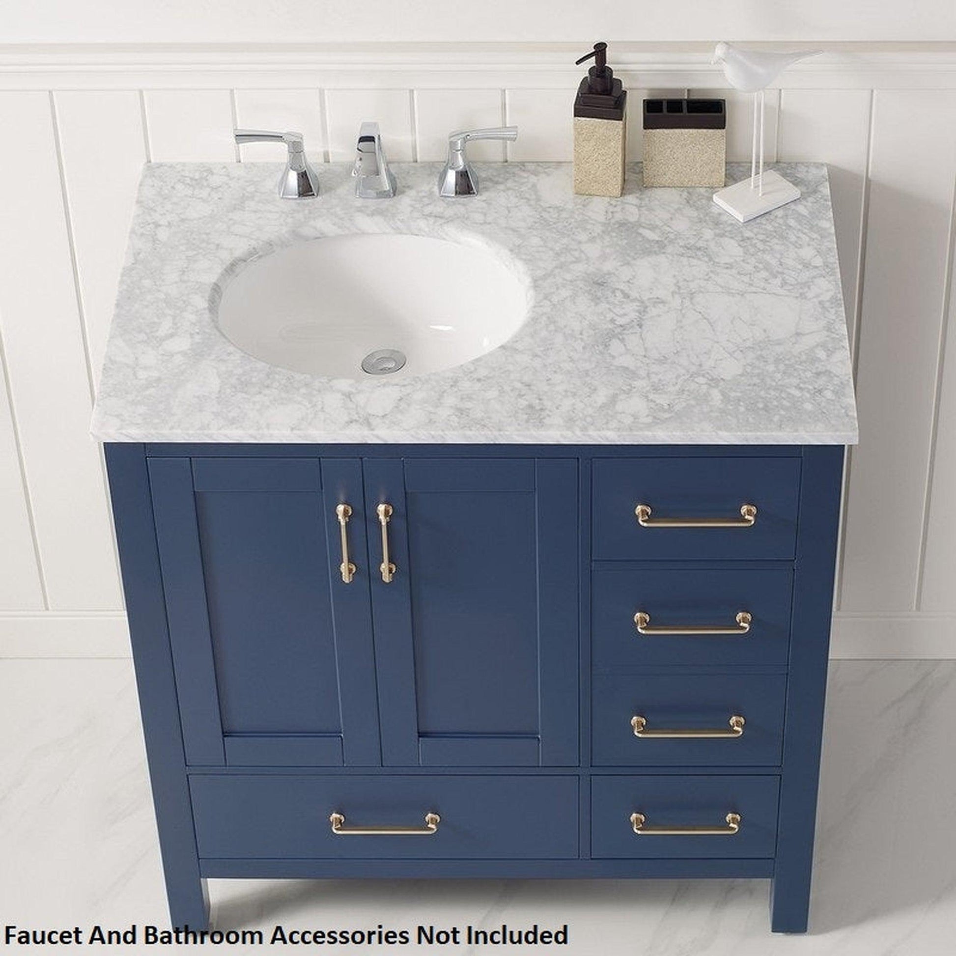 Vinnova Gela 36" Royal Blue Freestanding Single Vanity Set In White Carrara Marble Top With Undermount Ceramic Sink