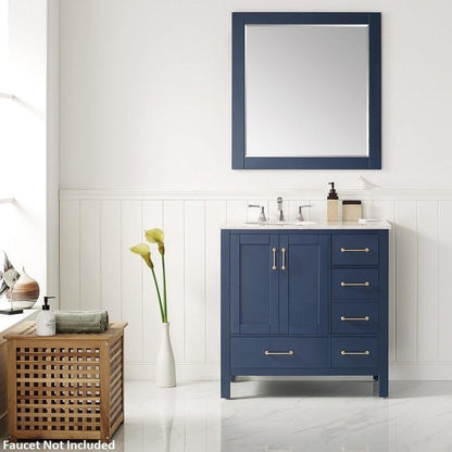 Vinnova Gela 36" Royal Blue Freestanding Single Vanity Set In White Carrara Marble Top With Undermount Ceramic Sink and Mirror