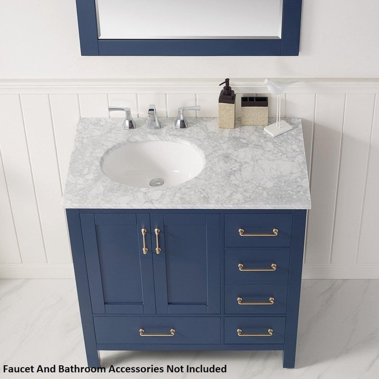 Vinnova Gela 36" Royal Blue Freestanding Single Vanity Set In White Carrara Marble Top With Undermount Ceramic Sink and Mirror