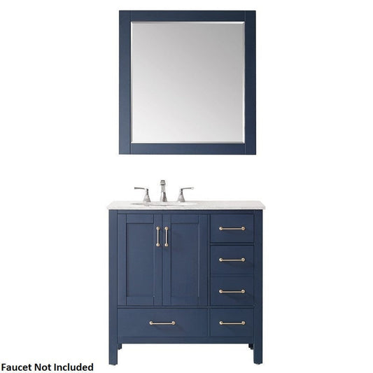 Vinnova Gela 36" Royal Blue Freestanding Single Vanity Set In White Carrara Marble Top With Undermount Ceramic Sink and Mirror