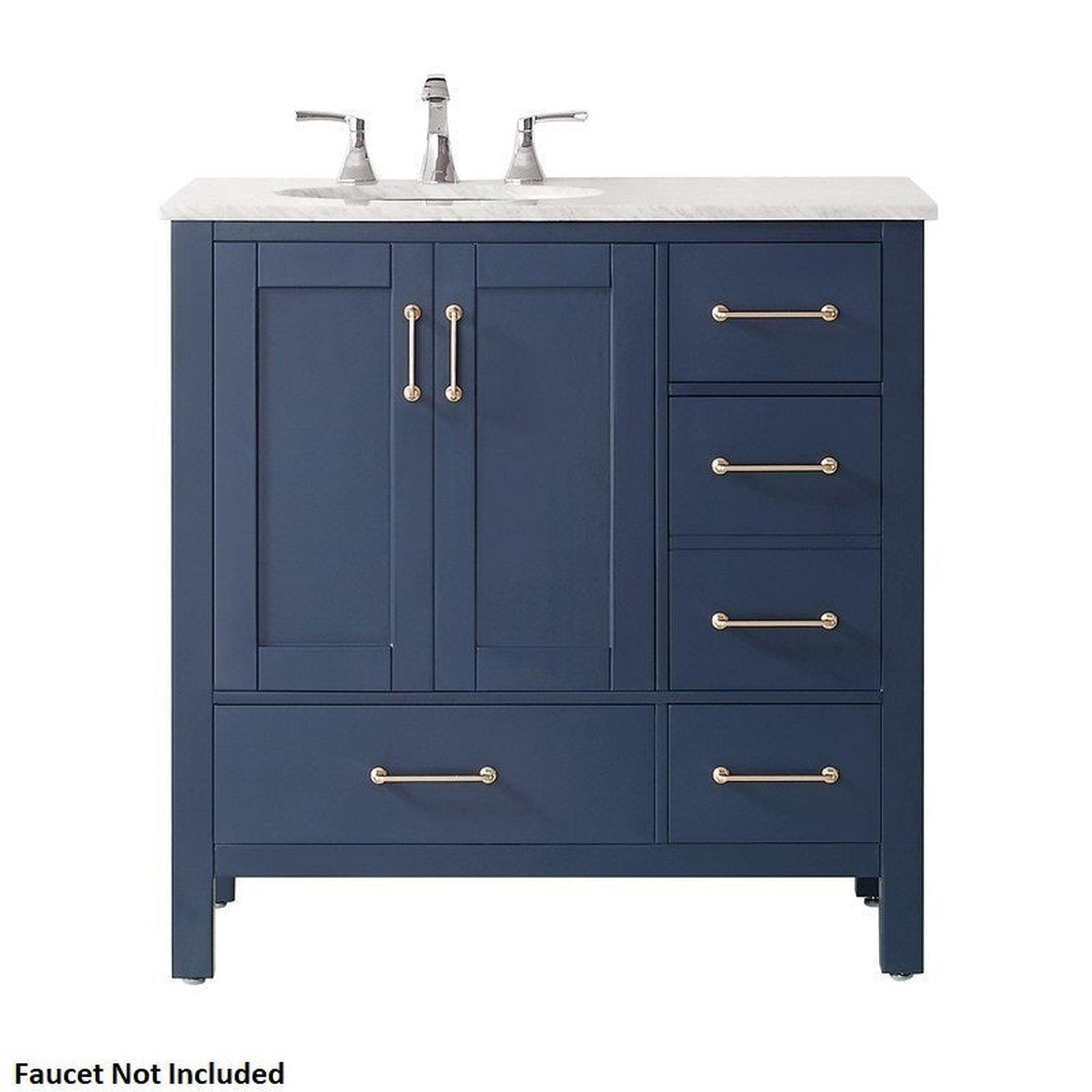 Vinnova Gela 36" Royal Blue Freestanding Single Vanity Set In White Carrara Marble Top With Undermount Ceramic Sink