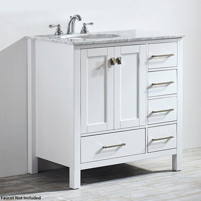 Vinnova Gela 36" White Freestanding Single Vanity Set In White Carrara Marble Top With Undermount Ceramic Sink