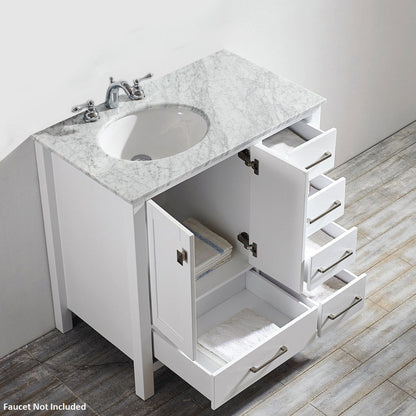 Vinnova Gela 36" White Freestanding Single Vanity Set In White Carrara Marble Top With Undermount Ceramic Sink