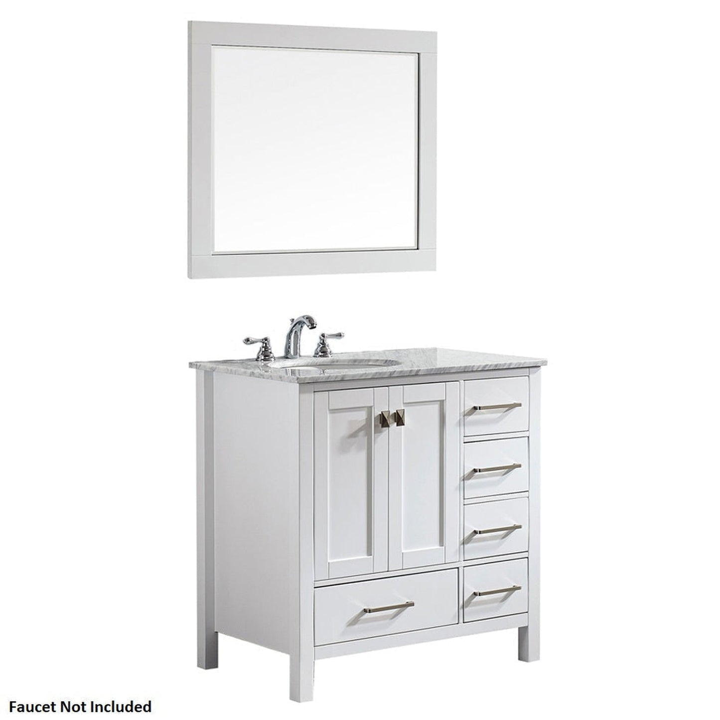 Vinnova Gela 36" White Freestanding Single Vanity Set In White Carrara Marble Top With Undermount Ceramic Sink and Mirror