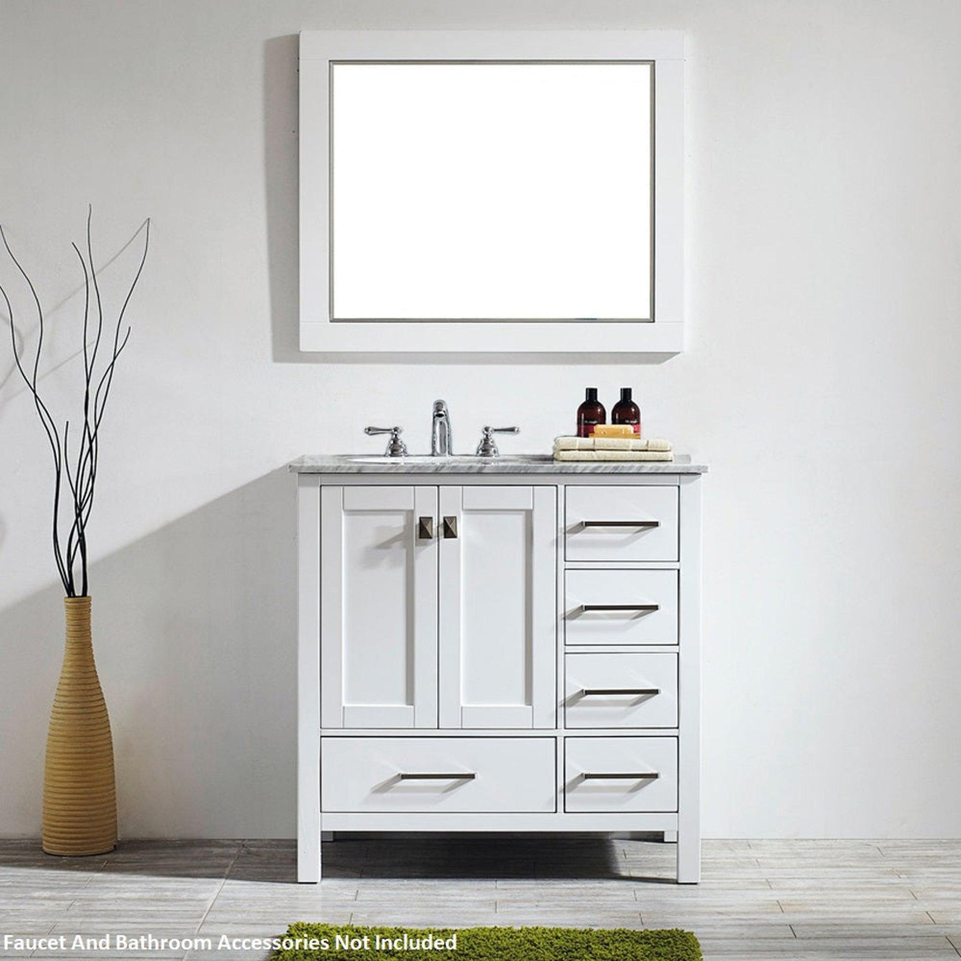 Vinnova Gela 36" White Freestanding Single Vanity Set In White Carrara Marble Top With Undermount Ceramic Sink and Mirror